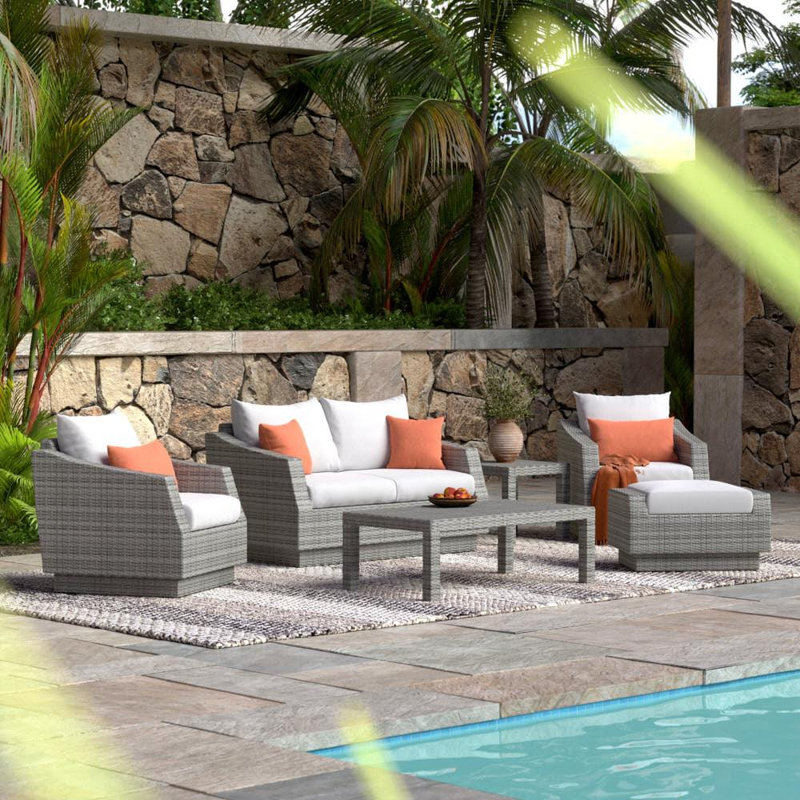 Fionnula 6 Piece Rattan Sofa Seating Group With Sunbrella Cushion Covers, Cast Coral Sunbrella® Plainweave