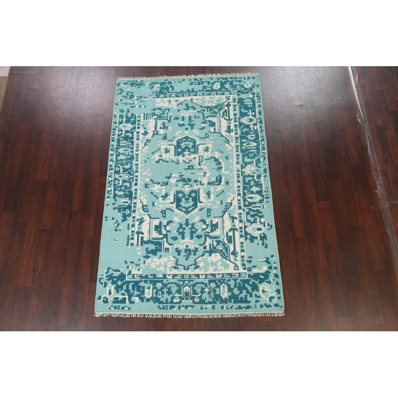 Tapis vert noué à la main de conception unique 5 pi x 7 pi 11 po New Age