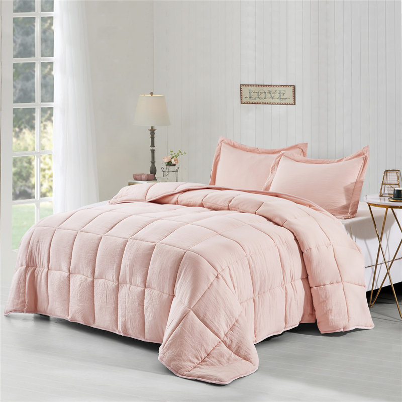 SALOMON Pre-washed Microfiber Reversible 3 Piece Comforter Set, Queen Comforter + 2 Standard Shams, Peach Pink
