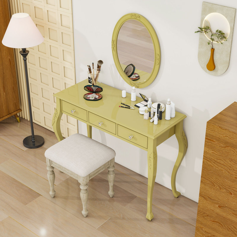 Meuble-lavabo de luxe avec miroir ovale, 3 tiroirs et plateau en velours, Doré
