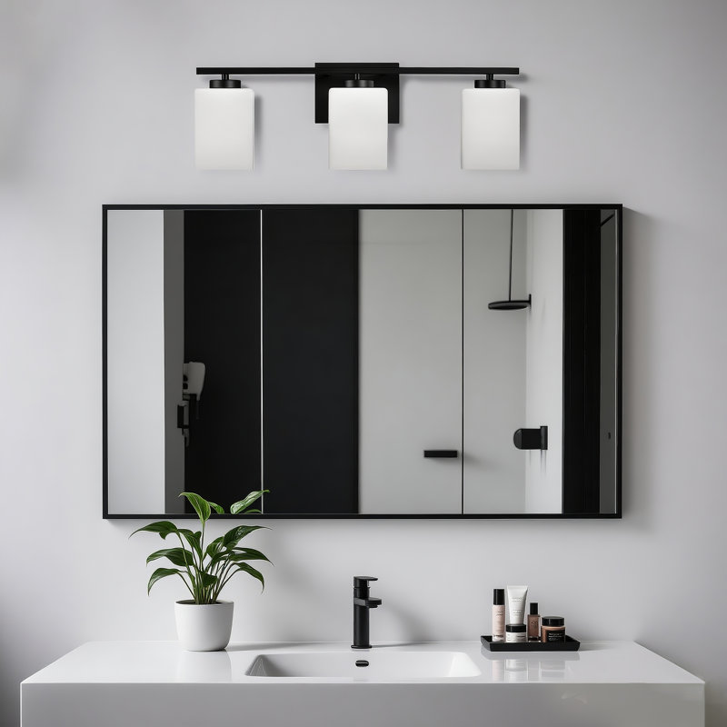 3 lumières de meuble-lavabo d'intérieur noir mat 3 lumières avec abat-jour carrés en verre gravé blanc, 3 Lights, Noir mat