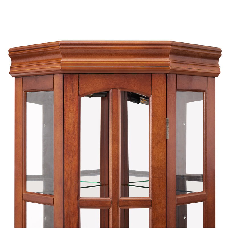 Vitrine d'angle avec 5 tablettes et éclairage, éclairage à finition noyer, Noyer