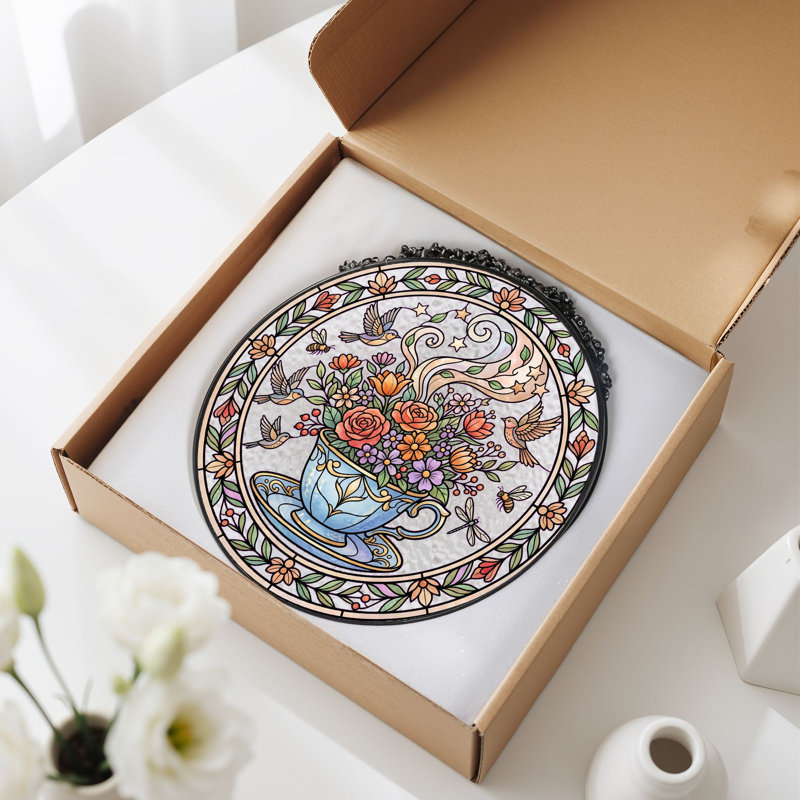 Panneau de vitrail floral en verre coloré 7,8H, H 7,8 po