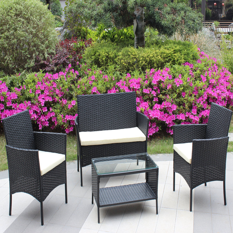 Contemporary 4 PC Rattan Patio Furniture Set Outdoor Patio Cushioned Seat Wicker Sofa (Beige Cushion