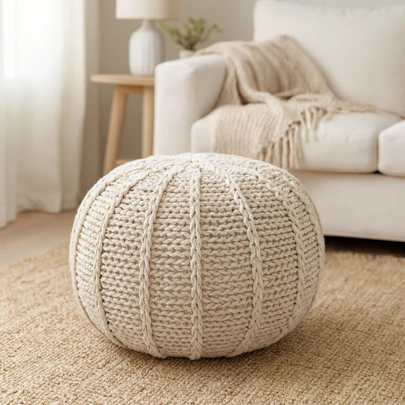 Repose-pieds rond tricoté, détails tissés à la main, coton beige 20 pouces