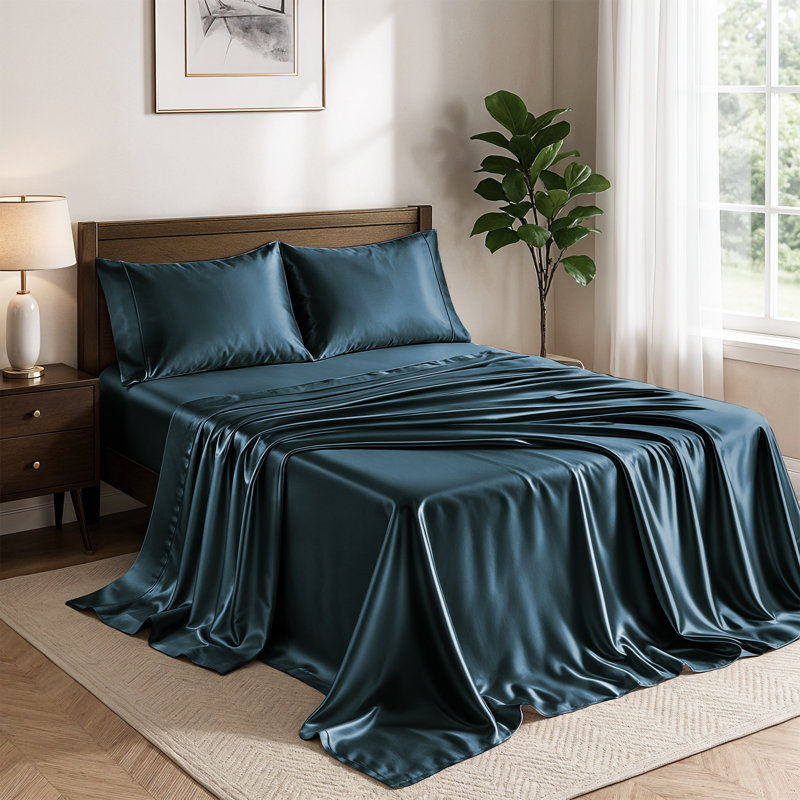 Lux Decor 4-Piece Satin Sheets 100% Polyester Luxury Silky Soft Woven Fabric Deep Pocket Fitted Sheet, Navy Blue