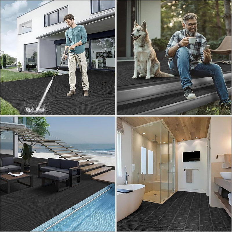 Carreaux de sol modulaires à emboîtement - Tapis antidérapants avec trous de drainage pour terrasse de piscine, patio, douche, cuisine, balcon, utilisation extérieure, noir