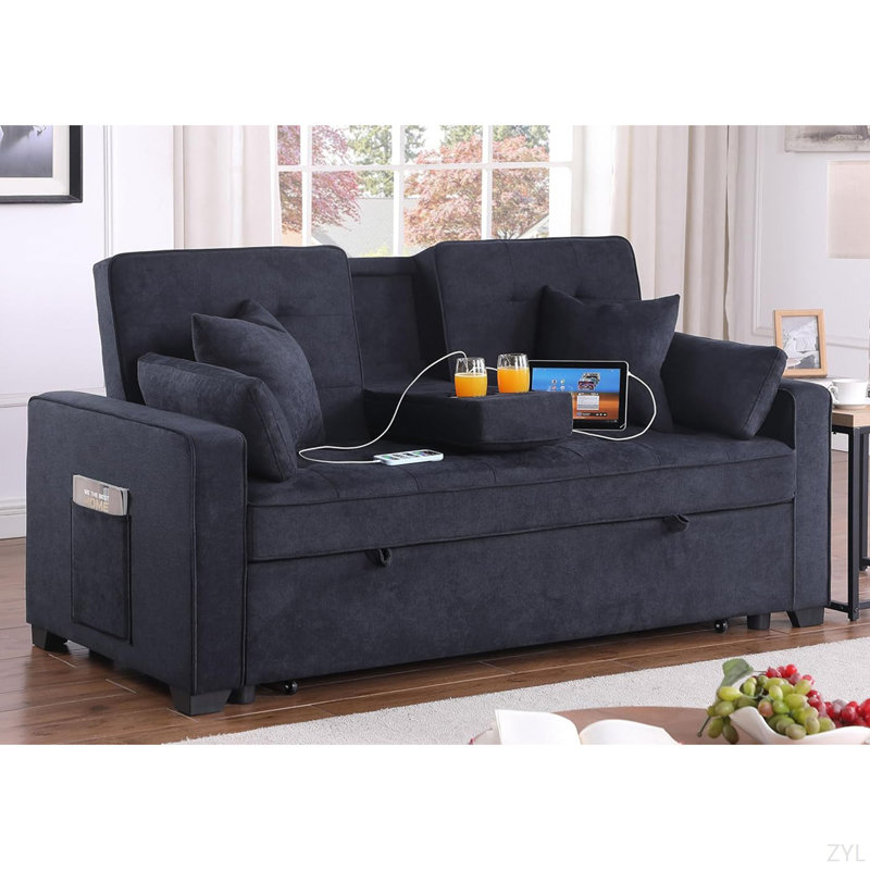 Causeuse-lit convertible avec console rabattable, Tissu gris foncé