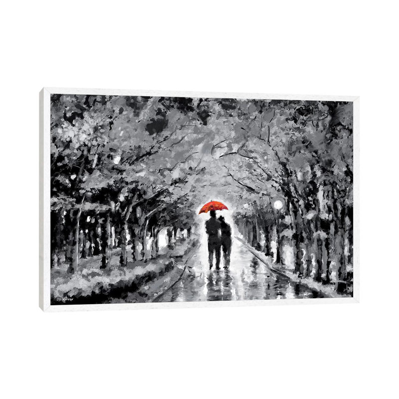 Park In Love Red Umbrella by P.D. Moreno - Painting on Canvas, White Floater Framed, 45.72cm H x 66.04cm W x 3.81cm D