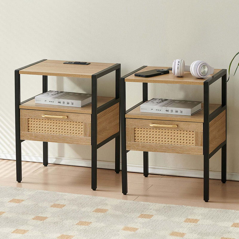 Table de bout en rotin avec prise de courant et ports USB, Naturel/noir, 2