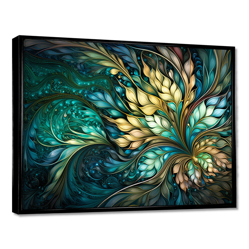 Turquoise, art nouveau, feuilles spirales - Botanicals, impression d'art mural, Toile avec cadre flottant noir