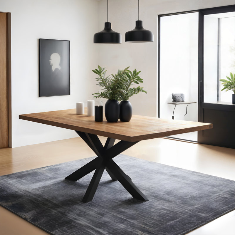 Découvrez la table de salle à manger rectangulaire Modern Elegance avec plateau en bois de manguier et pieds robustes en araignée