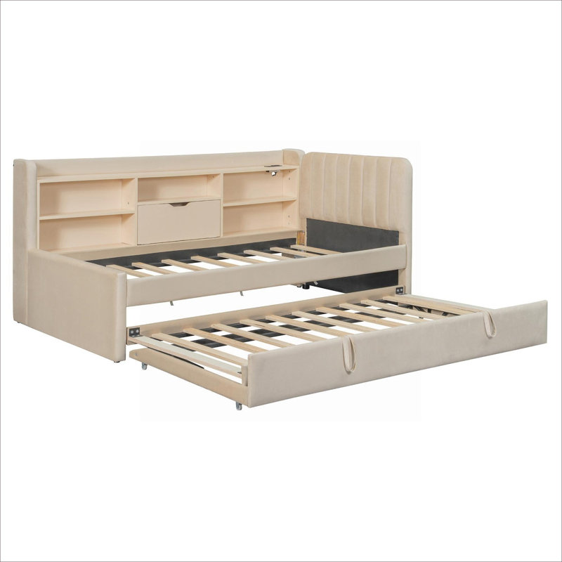 Lit de jour plateforme polyvalent pour petit espace, revêtu de velours beige, avec lit gigogne, tablettes de rangement et station de charge intégrée