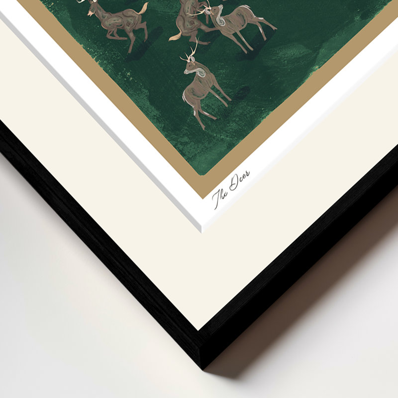 Mod-Ensemble The Deer par ChiChi - impression d'art minimaliste vert foncé avec cerfs | H 24 po x l 32 po | Cadre noir, Noir