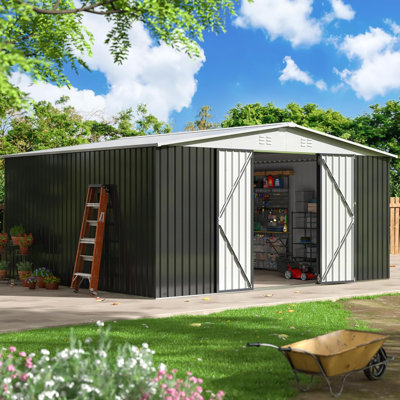 14 ft. W x 12 ft. D Outdoor Metal Shed Storage with Updated Frame Structure and Lockable Doors