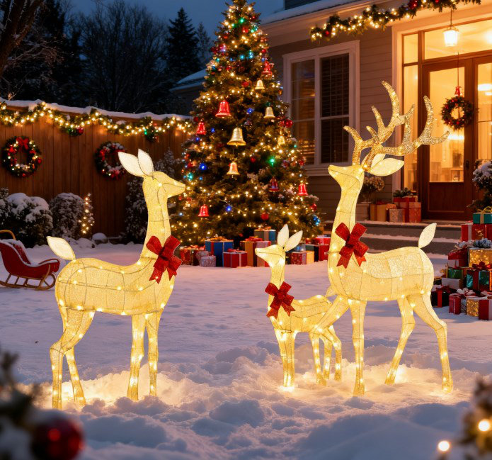 Ensemble de 3 décorations de Noël pour famille de cerfs de Noël éclairés avec 2 modes, 52,8 po de présentation de renne en acier et polyester argenté | Idée de cadeau