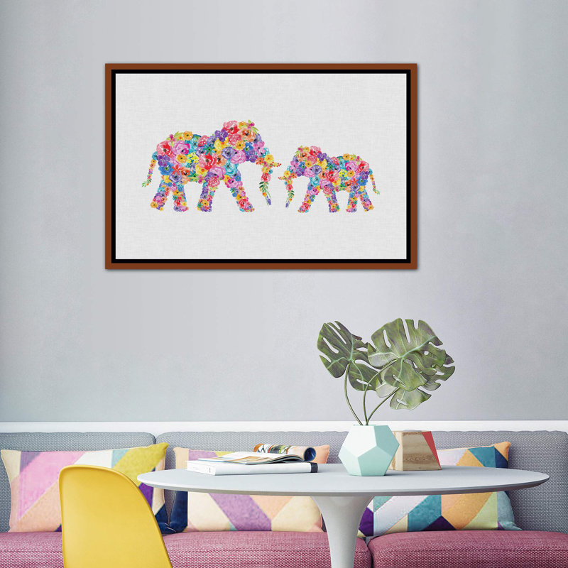 Floral Elephants - impression d'art graphique, H 40 po x l 60 po x 1,5 po, Toile avec cadre en bois classique