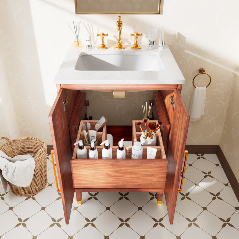 Finition en bois chaud 24 po Meuble-lavabo simple avec comptoir en marbre blanc et quincaillerie dorée
