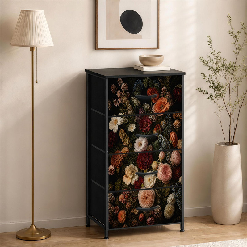 Commode 4 tiroirs pour chambre à coucher Bouquet de fleurs rétro Roses Dahlias Cosmos Wildflowers