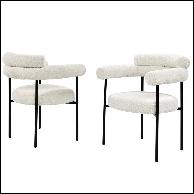 Ensemble de 2 chaises de cuisine en tissu avec accoudoirs, fauteuils d'appoint rembourrés et structure en métal, Crème, crème