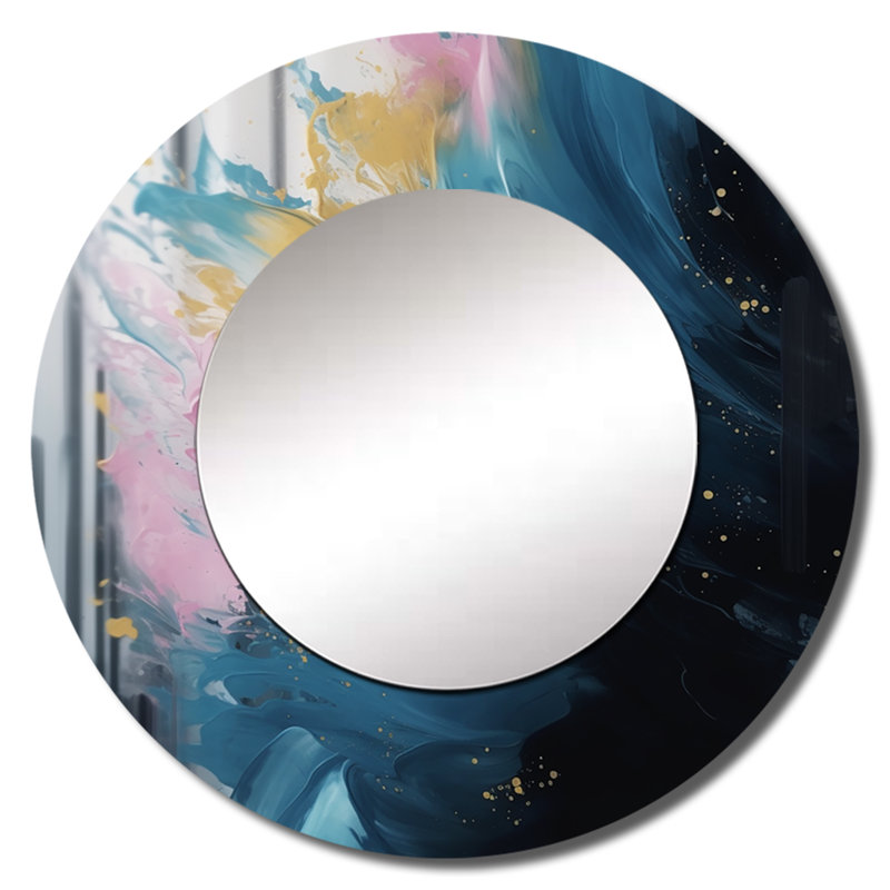 Raayan Pink And Blue Exploring The Unseen II - Geometric Unique Wall Mirror, Modern Round Mirror, Printed Metal Art