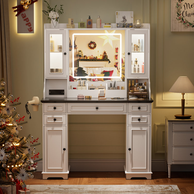Makeup Vanity Desk with Touch Screen Mirror and Lights & Charging Station, Large Vanity with LED Light Cabinets, 5 Drawers, Vanity Table with Lighted Mirror