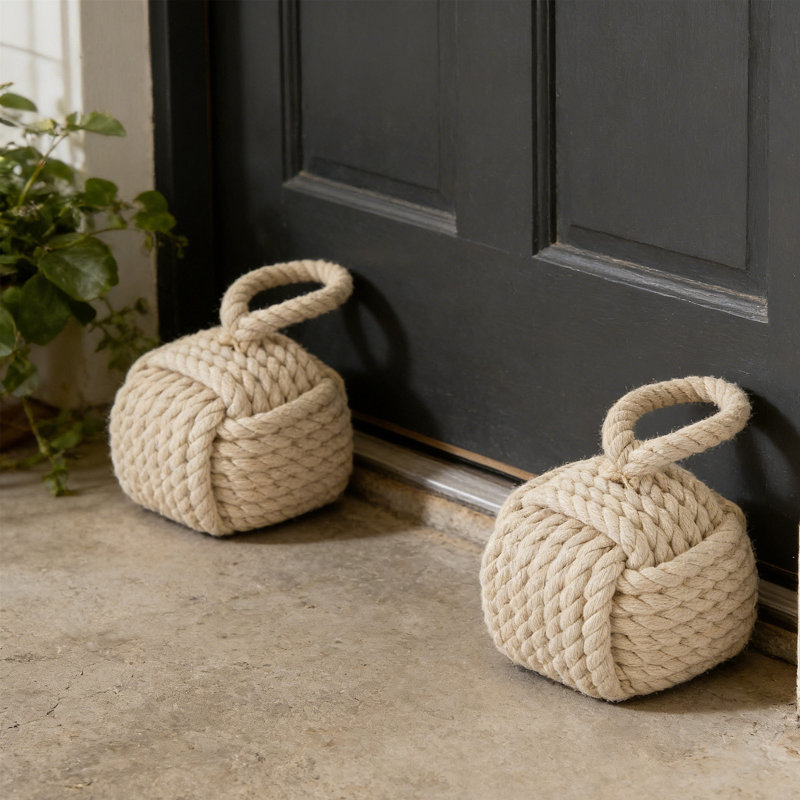 2-Pack Rope Knot Door Stopper - 5.5X5.5 Inch Nautical Square Doorstop With Handle, Handmade Jute Weighted Stopper For Interior Doors & Windows