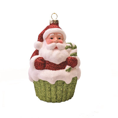 4" Merry & Bright Red White and Green Glitter Shatterproof Santa Claus Cupcake Christmas Ornament