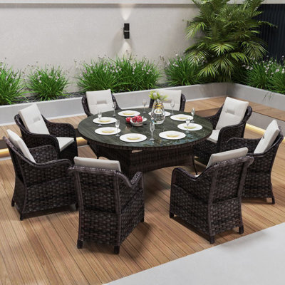 8-Person Patio Dining Set With Round Table, Cushions Included