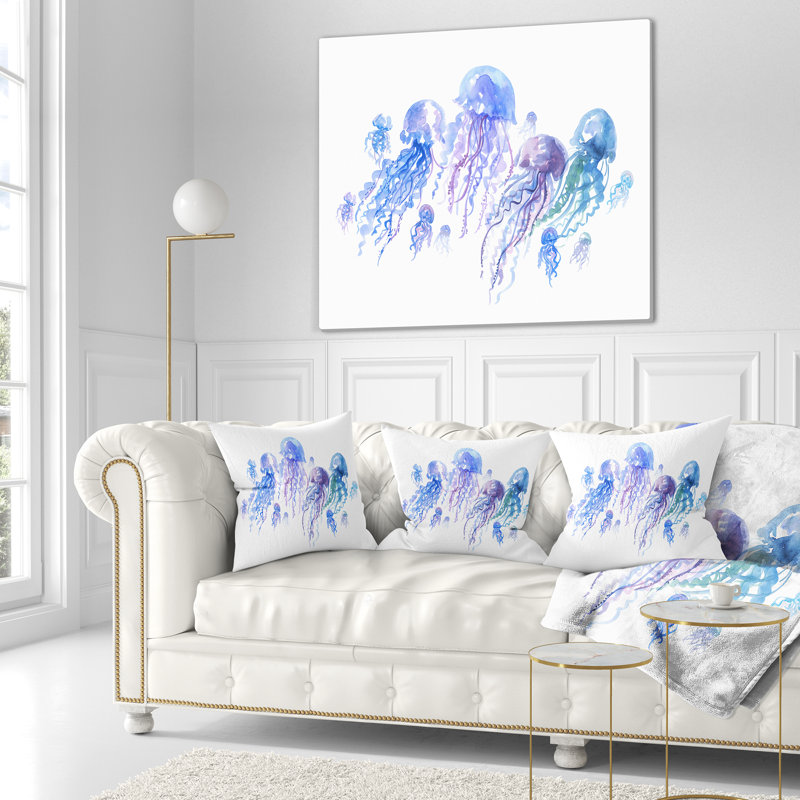 Blue Blue Jellyfish Group - Coussin imprimé animal, 16 po x 16 po, Coussin décoratif