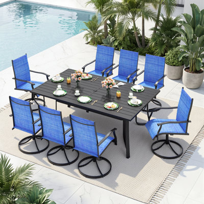 9-Piece Outdoor Patio Dining Set – Includes 8 Swivel Rocking Chairs and Metal Table with Umbrella Hole – Seats 8 for Backyard, Poolside, Balcony, and Garden Use, Blue