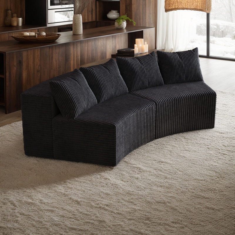 Corduroy Curved Sectional Sofa With Four Pillows,2 Modules, Black Corduroy