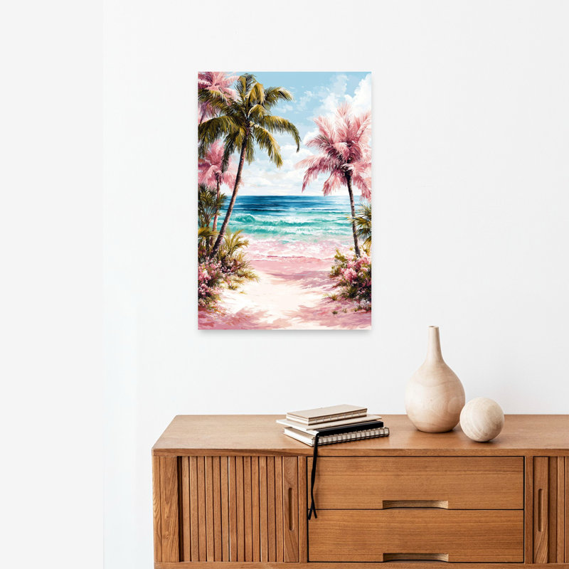 Art mural côtier tropical de plage rose, H 24 po x l 16 po