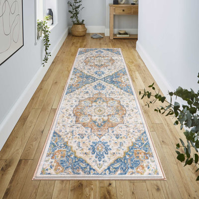 Lyanne Washable Non-Slip Medallion Blue Area Rug