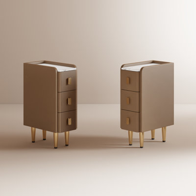 Set of 2 Narrow Solid Wood Core Nightstands with Upholstered Surface & Sintered Stone Top