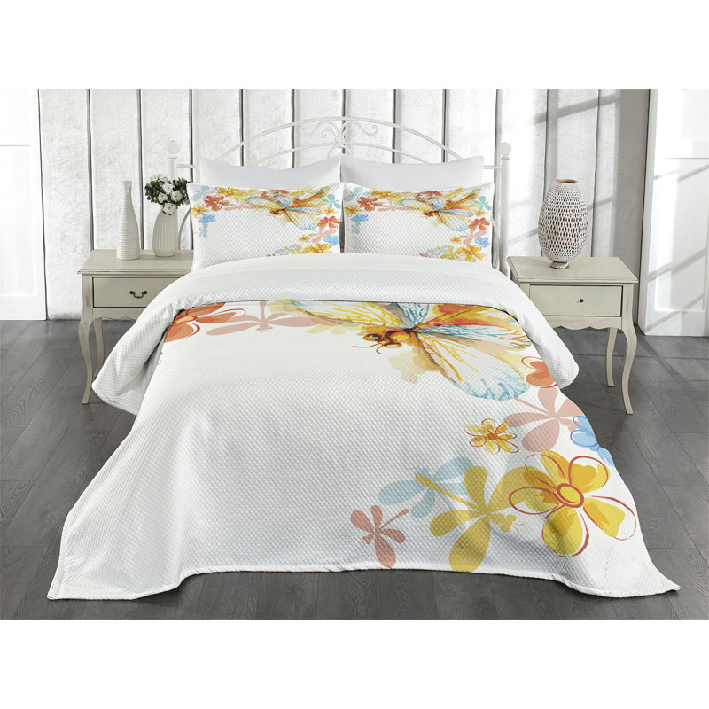 Ambesonne Retro Bedspread Set Vintage Spring Dragonfly Multicolor, King Bedspread + 2 Standard Shams