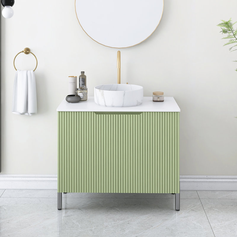 Meuble-lavabo de salle de bain 30 po avec lavabo, meuble de rangement autoportant avec 2 portes, lavabo rond en céramique blanche avec motif de pierre et comptoir blanc de Carrare, sans robinet, couleur vert clair