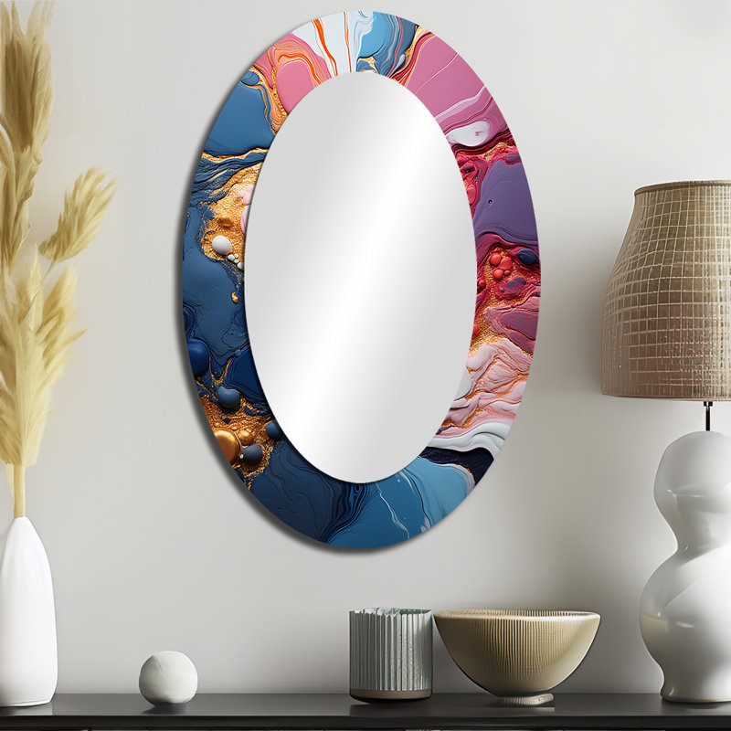 Trippy rose bleu abstrait liquide encre I - décor de miroir mural ovale rose, 36 po x 24 po