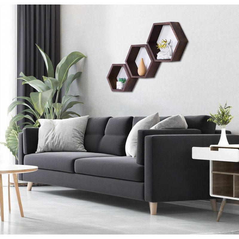 Hexagon Floating Shelves Set Of 3, Honeycomb Wall Shelves For Bathroom Kitchen Bedroom Living Room, Rustic Wood Farmhouse Storage Shelf, Wall Mounted Display Organizer