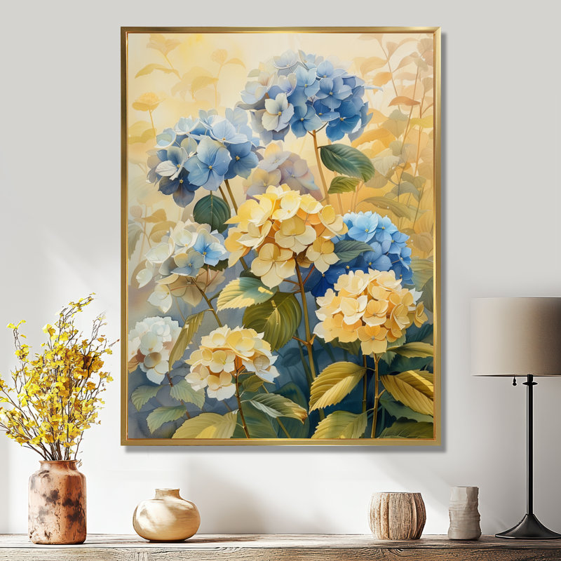 Impression d'art mural bleu et jaune, H 30 po x l 40 po, Cadre flottant doré