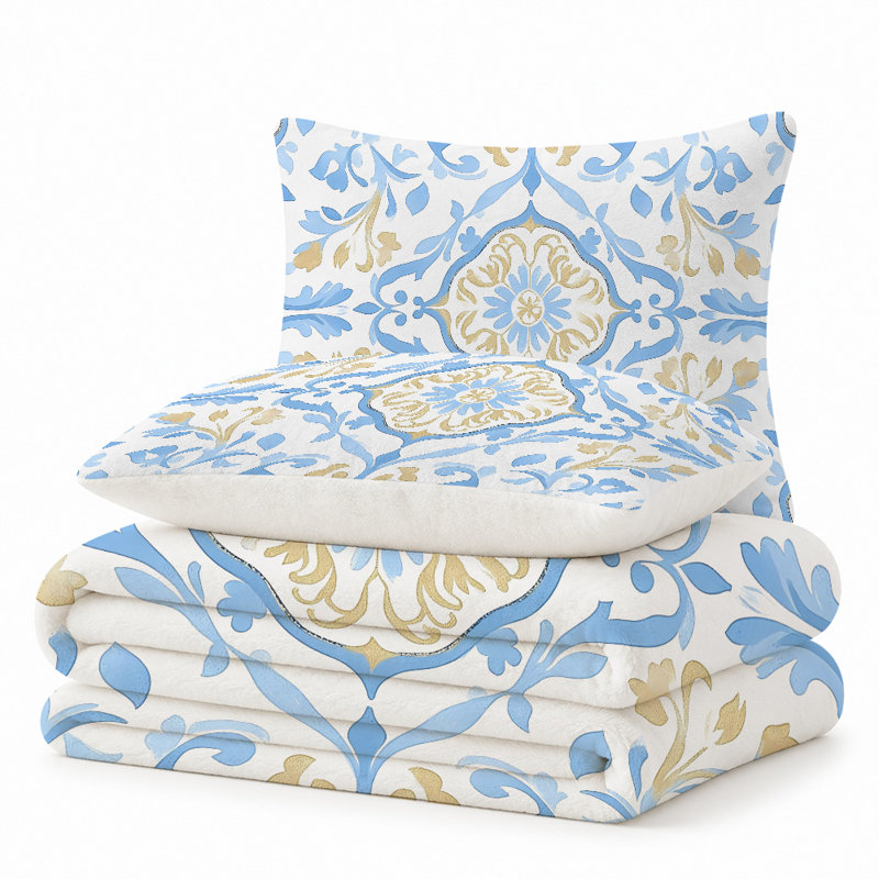 Premium Flannel Lightweight Blanket & 2 Pillow Shams Set with Blue & Gold Baroque Floral Ornament, Ultra-Soft & Warm Cozy Bedding Set for All-Season, 60" x 80" Blanket + 2 Pillowcases Anti-Pilling & Machine Washable(Set of 3)