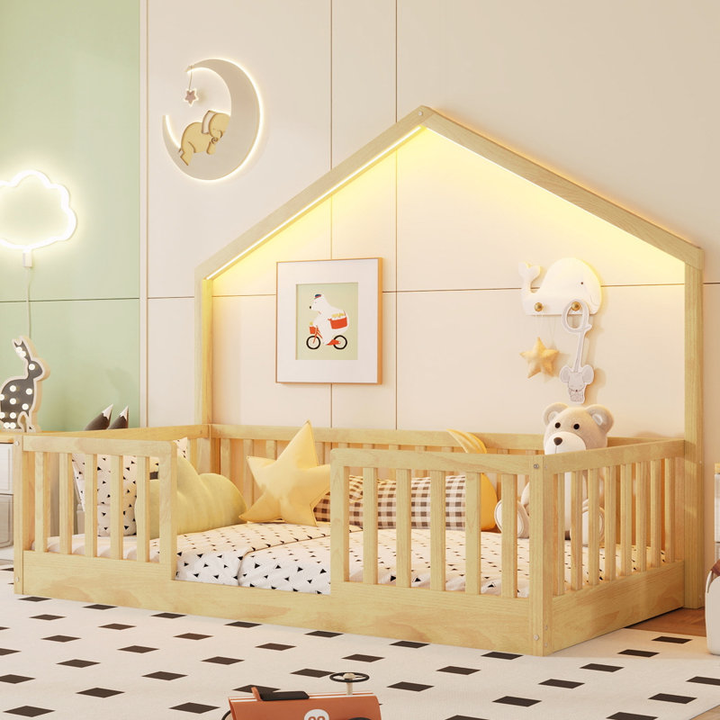 Lit simple au sol avec rails hauts, Naturel, Lit simple