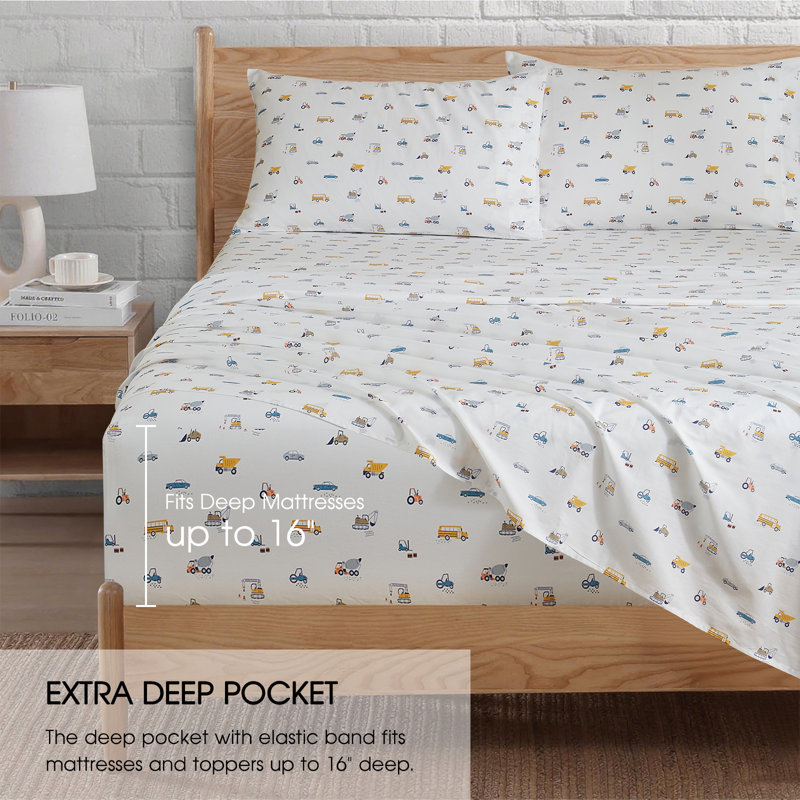 Ensemble de draps 100% coton avec poches profondes Ivoin, Double XL, Voiture
