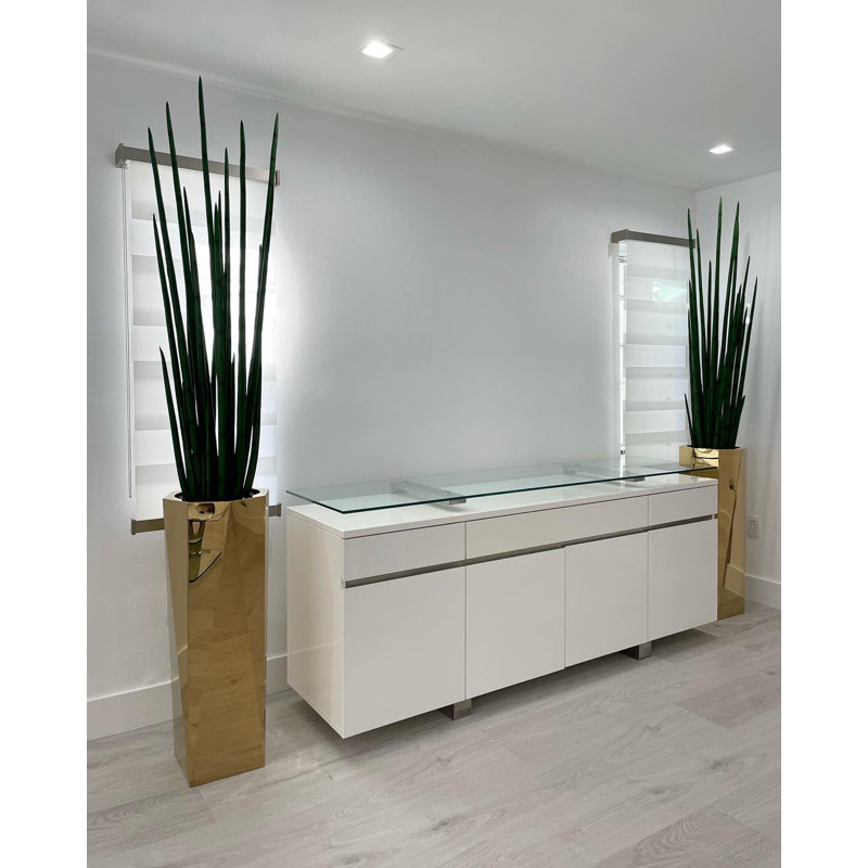 Tone Prism Planter With Artificial Snake Grass Plant, Gold