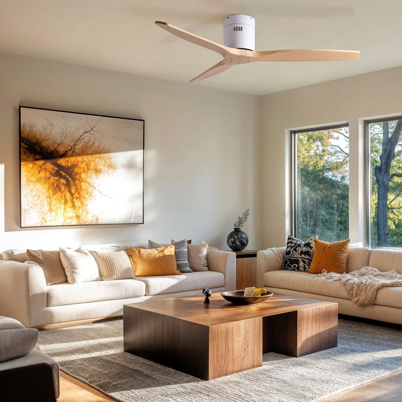 52 Inch American Mordern Cozy Vibrant Natural Style Solid Wood Low Profile Flush Ceiling Fan Without Light, White