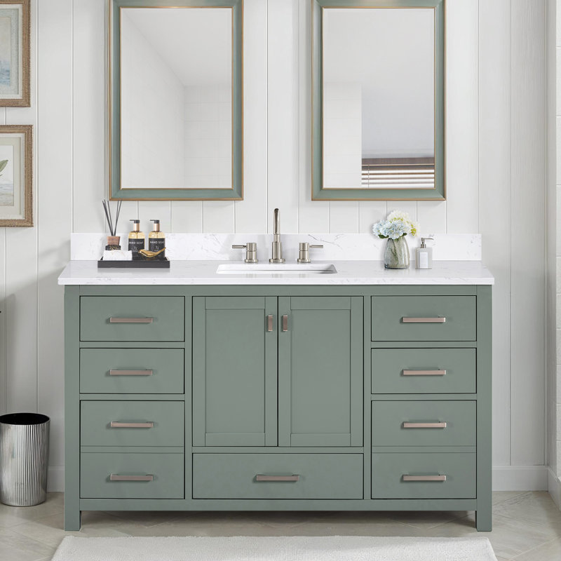 Meuble-lavabo simple 60 po avec plateau Souther, Marbre blanc de Cala, Nickel brossé, Vert fumée