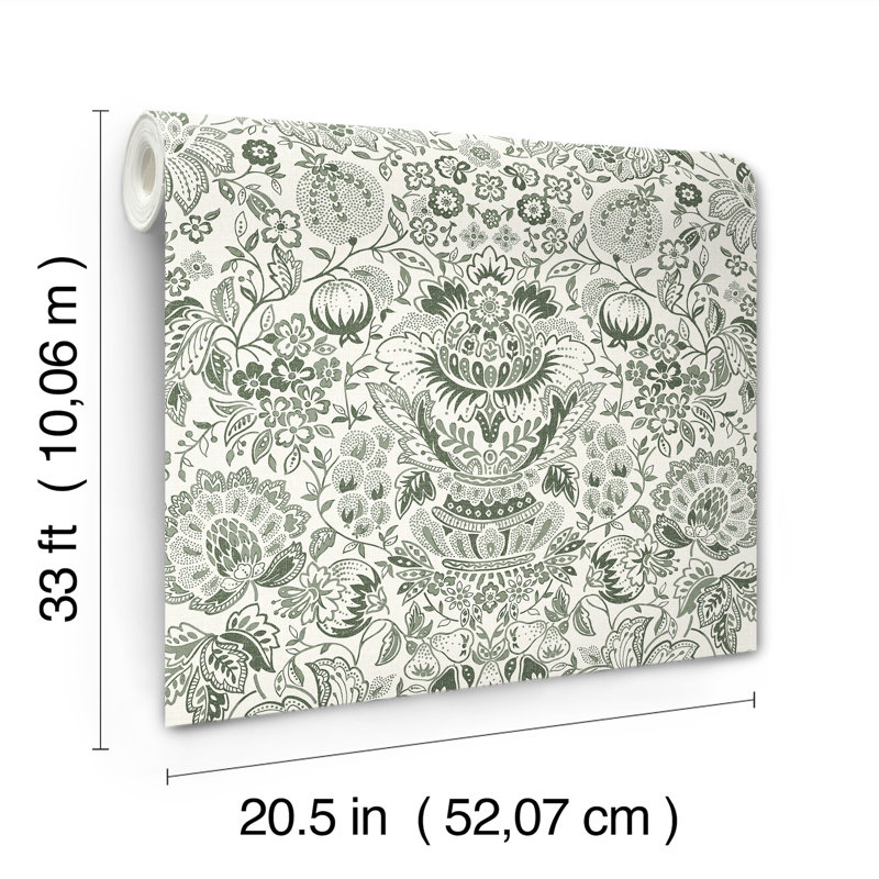 Blanche Dark Green Floral Damask Wallpaper, Green