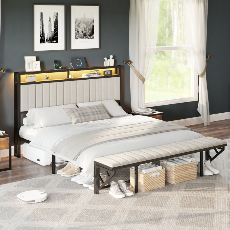 Ivy Bronx Full Size Bed Frame With Folding Bench And Charging Station, Led Light,Storage Shelves, Full, Cream