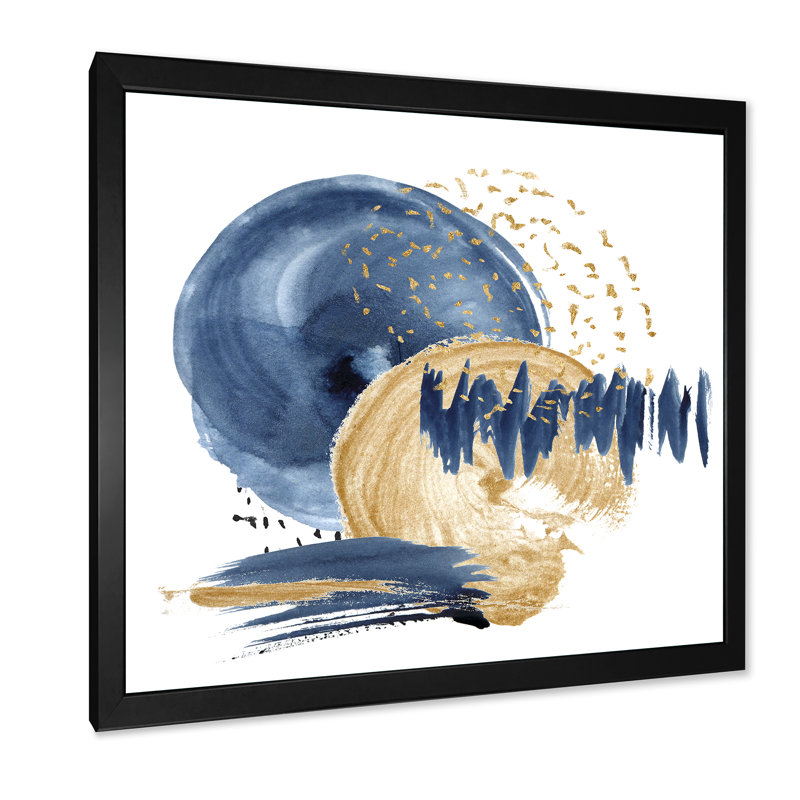 «Dark Blue and Gold Abstract Circle Ocean Texture», peinture sur toile à cadre flottant, Toile avec cadre noir
