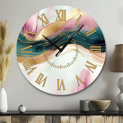 Horloge murale abstraite en marbre rose et vert III